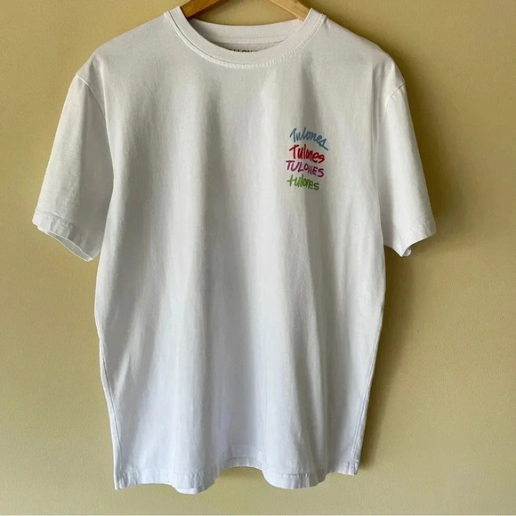 TULONES Men's Medium Crewneck White T-Shirt 4 Logos Design Blue/Red/Purple/Green - Picture 2 of 7